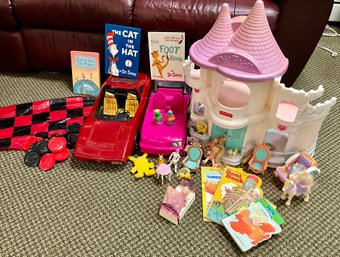 Lot 95- 1990s Toy And Book Lot - Fisher Price Castle - Cars - Dr. Seuss Books - Checkers