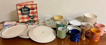Lot 99- Nice Kitchen Lot! Correll Apple Plates - Mugs - Tray - Small Bowls - 50s Cookbook