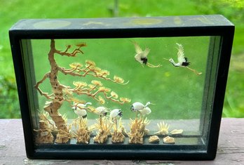 Lot 374- Chinese Cork Art - Cranes -  Birds - Pagoda Tree Art In Glass Shadow Box Decor