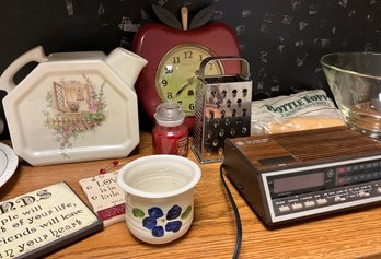 Lot 340- Mixed Home Decor And Item Lot - Clocks - Kitchen - Planters - Pitcher - Telephone Etc