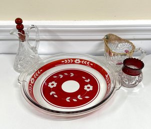 Lot 303- Stunning Ruby Clear Pyrex Pie Dish - Cruet With Red Glass Stopper - Antique Rising Sun Creamer Gold
