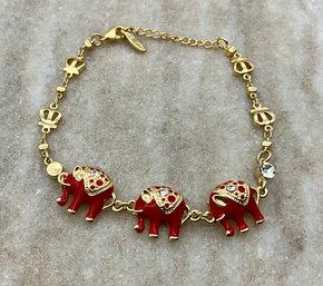 Lot 11- 18k GP Gold Plated Red Enamel Elephant Bracelet