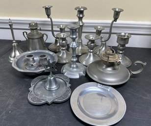 Lot 306- Nice Country Pewter Lot - Candle Holders - Lanterns - 1776 - Wilton - Boston Paul Revere Bell