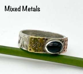 Lot 19SL - Signed Ring Robin Becker - Sterling Silver, Copper, Brass & Onyx, One Of A Kind Jewelry