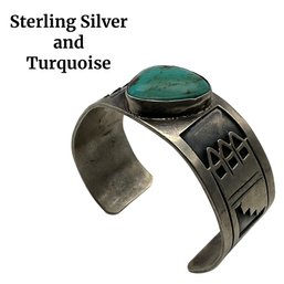 Lot 8- Sterling Silver & Turquoise Southwest Mexico Cuff Bracelet