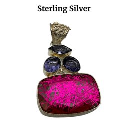 Lot 7- Sterling Silver Pendant Pink Sparkle & Blue And Purple Stones