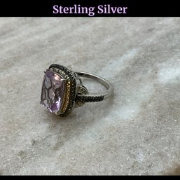 Lot 16- Sterling Silver With Purple Center & Marcasite Ring Size 8