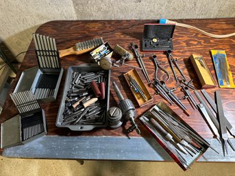 Lot 316- Assorted Vintage Starrett Machinist Metalworking Calipers Steel Tools - Files - Blank Drill Bits