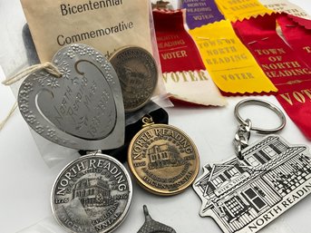 Lot 26- NORTH READING- Voter -druggist Bottle- 1903 Heart- Pendants- Magnets- Bicentennial Medals- Ryers -