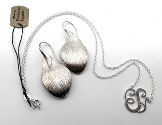 Lot 27SES- Sterling Silver Lot Of  2 - Jewelry - Earrings - Monogramed S Necklace