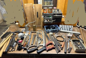Lot 322- Large Misc Tool Lot - Saws - Metal Drawer Cases - Hammers - Vintage Oil Cans - Mitre Box - Machinist