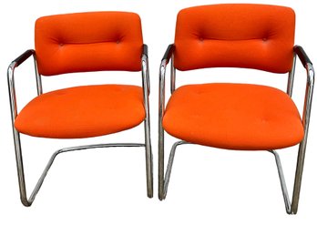 Lot 80- 1975 Steelcase Inc Cantilever Chrome Tubular Chairs In Orange - 2