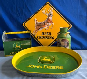 Lot 400- John Deere Serving Tray- Utensil Holder - Deer Crossing Sign - Milk Can - All Metal - Lot Of 4