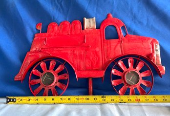 Lot 402- Ground Spinner Metal Fire Engine Red Fire Truck - Vintage Outdoor Decor - Wheels Move