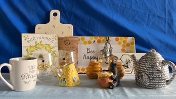 Lot 411- BZZZZZZ- Honey Bee Collection- Tea Pot- Cutting Board - Glasses Mug Cups - Measuring Spoons - Sign