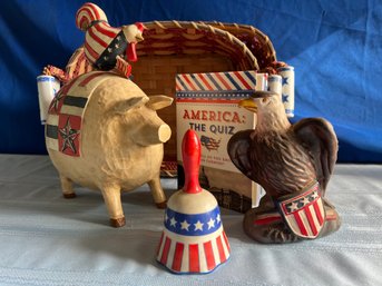 Lot 423- Patriotic Americana - Bald Eagle - US Quiz Books- Piglet- Folk Art Pig - Chicken - Enesco Bell