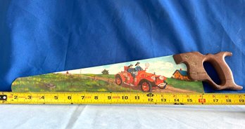 Lot 426- Hand Painted Art- Antique Saw With Fire Truck Fireman Scene