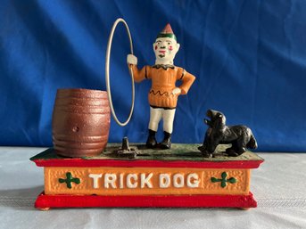 Lot 428- Cast Iron Clown With Jumping Trick Dog Bank - Works Great! Vintage Repro Bank