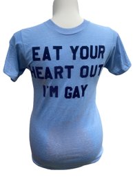 Lot 2- 80s 'eat Your Heart Out I'm Gay' Blue Tshirt Top - Small Medium Mens