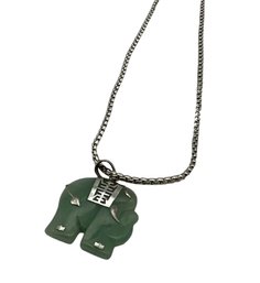 Lot 32- Silver Necklace With Green Jade Elephant Pendant - FAS - Signed On Top