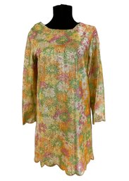 Lot 73- 1960s Petites By Siro Daisy Flower Shimmer Short Mini Dress With Scalloped Hem - Small