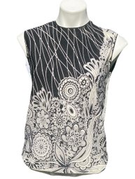 Lot 225SES - 1960s Zio Luigi Black And White Floral Design Polyester Sleeveless Top - Small
