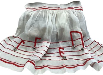 Lot 34RR- Vintage 1950s Linen Half Apron Red White Musical Design With Bells Christmas Apron