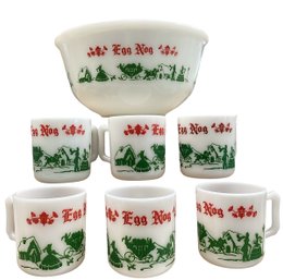 Lot 62RR- Hazel Atlas Egg Nog Set - 6 Cups - Mugs - Punch Bowl - Vintage Christmas - Kitchen - MCM