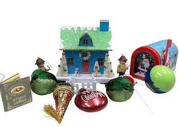 Lot 65RR- HOLIDAY! Sparkle House With Fence - Tin Mailbox - 9 Christmas Ornaments- Lot Of 11