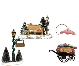 Lot 70RR- Dept 56 Chelsea Flower Market Cart Village Lamp Post Mill Creek Park Bench - 3 New In Boxes