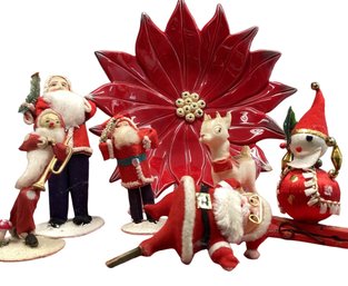 Lot 108SES- 1950s Christmas Ceramic Poinsettia Candy Dis H- Vintage Santas - Deer-  Figures