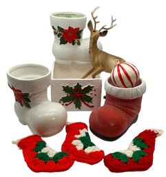 Lot 74SES- Vintage Christmas Planter Santa Boot Displays- Deer - Red Striped Ornaments- Mini Afghan Stockings