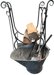 Lot 682- Black Iron Log Holder With Fireplace Tools- Ash Bucket- Shovels