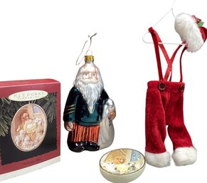 Lot 50RR- Holiday Ornaments Keepsake Signed Welcome Him Jesus Red Santa Pants Hat USS Glass Ornament