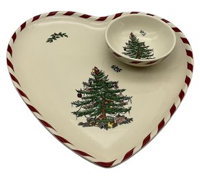 Lot 15SES- New Spode Christmas Tree Peppermint Heart Shape Dip Set In Box