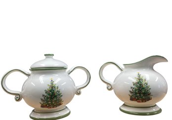 Lot 77RR- Christopher Radko Holiday Christmas Tree Celebrations Sugar Bowl With Cover And Creamer