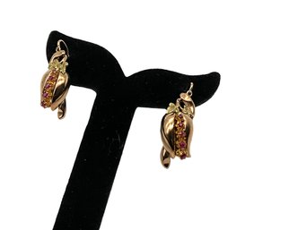 Lot 92- Costume Gold Earrings With Red Stones - Vintage