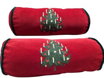 Lot 124SES- Red Velour Bolster Pillows- Christmas Tree Candles Appliqu - 18 Inches