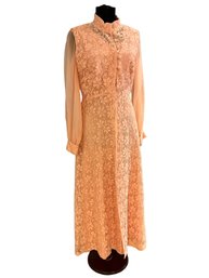 Lot 67- 1960s Long Peach Gown With Lace Over Dress - Sheer Sleeves Vintage Size Small
