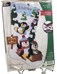 Lot 1RR- New In Sealed Package Bucilla Felt Stocking Kit Penguins At Play Sequins Beads - Christmas