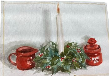 Lot 122SES- Hand Painted Art Work Watercolor Christmas Centerpiece Holly Berries Candle Picture