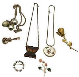 Lot 66- Costume Vintage Jewelry Lot - 3 Necklaces And 4 Pins