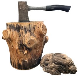 Lot 679- Cool Wood Stump With Axe And A Very Large Burl Piece Of Wood Wood