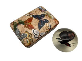 Lot 97- Neimen Marcus Butterfly Playing Cards In Covered Dish & Tarax Infinity Paperweight