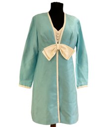 Lot 75- 1960s Aqua With White Dress & Matching Coat Vintage Size Small