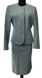 Lot 432- Vintage Ultra Suede Pale Blue Skirt Blazer Suit Set - Sleeve Has Little Stain Size 6 Womens