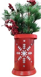 Lot 120SES- Farmhouse Red Metal Cutout Both Sides Snowflake Bucket With Pine & Berry Boughs - Christmas Decor