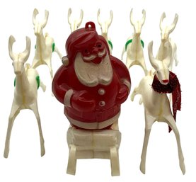 Lot 70SES- MCM Mid Century Red Plastic Santa And Sleigh With White Reindeer And Rudolph!