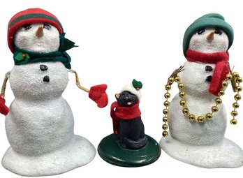 Lot 33RR- Byers Choice Carolers 2 Snowmen & Black Cat  Retired Sparkly Snow Figures - Lot Of 3