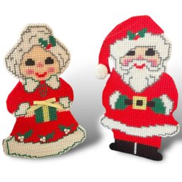 Lot 706NM - BIG! Vintage Santa And Mrs. Claus Handmade Knit Crochet Needlepoint Decorations 10.5'